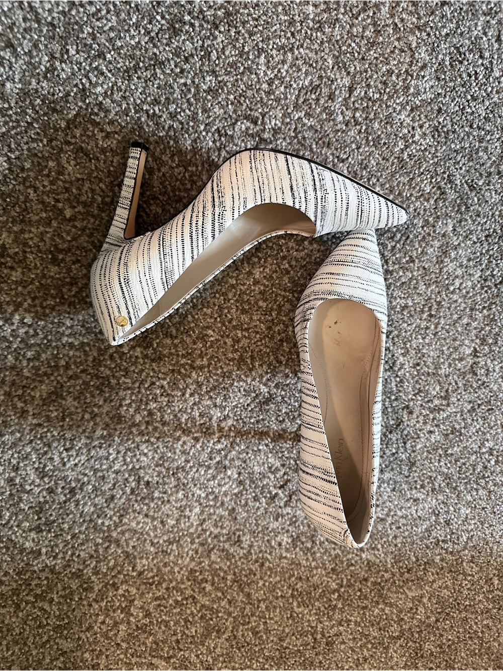 Classic Women's Pointed Toe Pump in White and Black Stripe